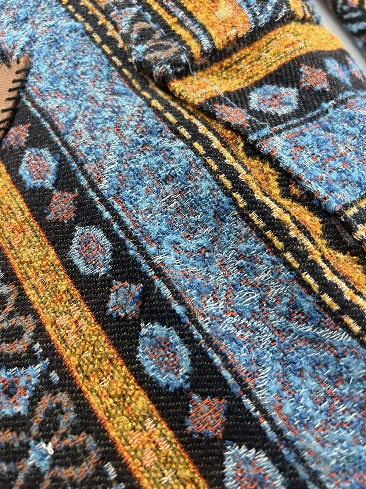 1970s Coat Colorful Tapestry Carpet Jacket Belt Toggle Button Amazing Aztec