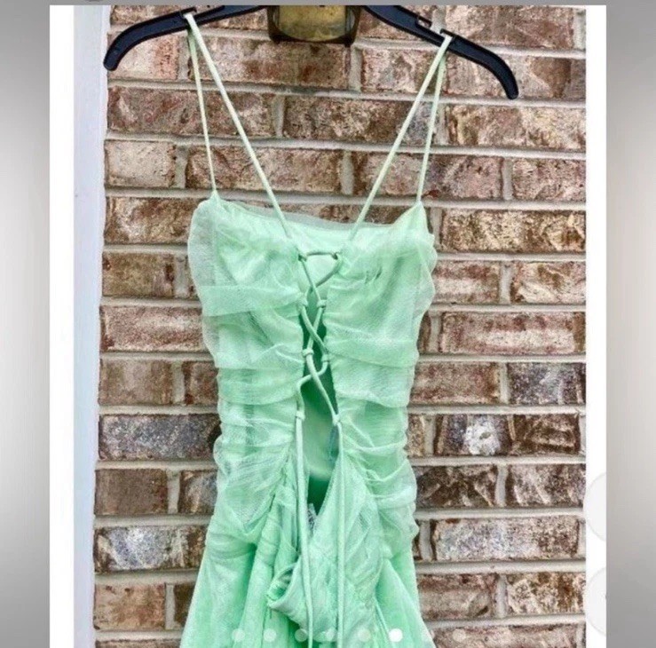 Vintage 90s Mint Green Tinkerbell Ruffle Mesh Midi Formal Fairycore Dress