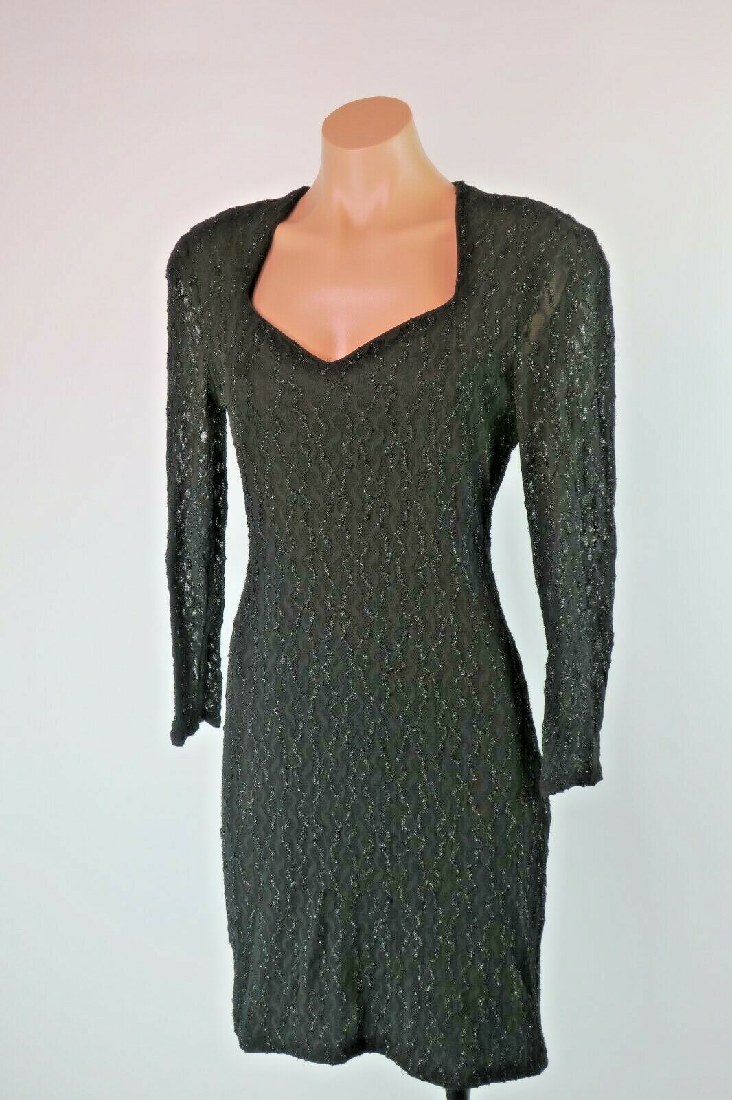 VTG 80s Niki Livas Black Bodycon Metallic Illusion Slv Party Prom Dress UNION 6
