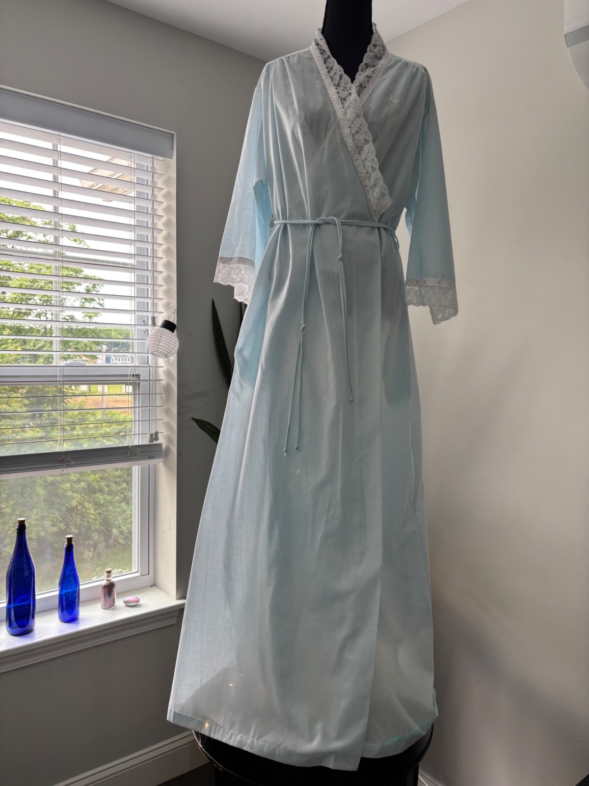 Vtg 1970s/1980s Christian Dior Lingerie Powder Blue Peignoir Robe Nightgown Set
