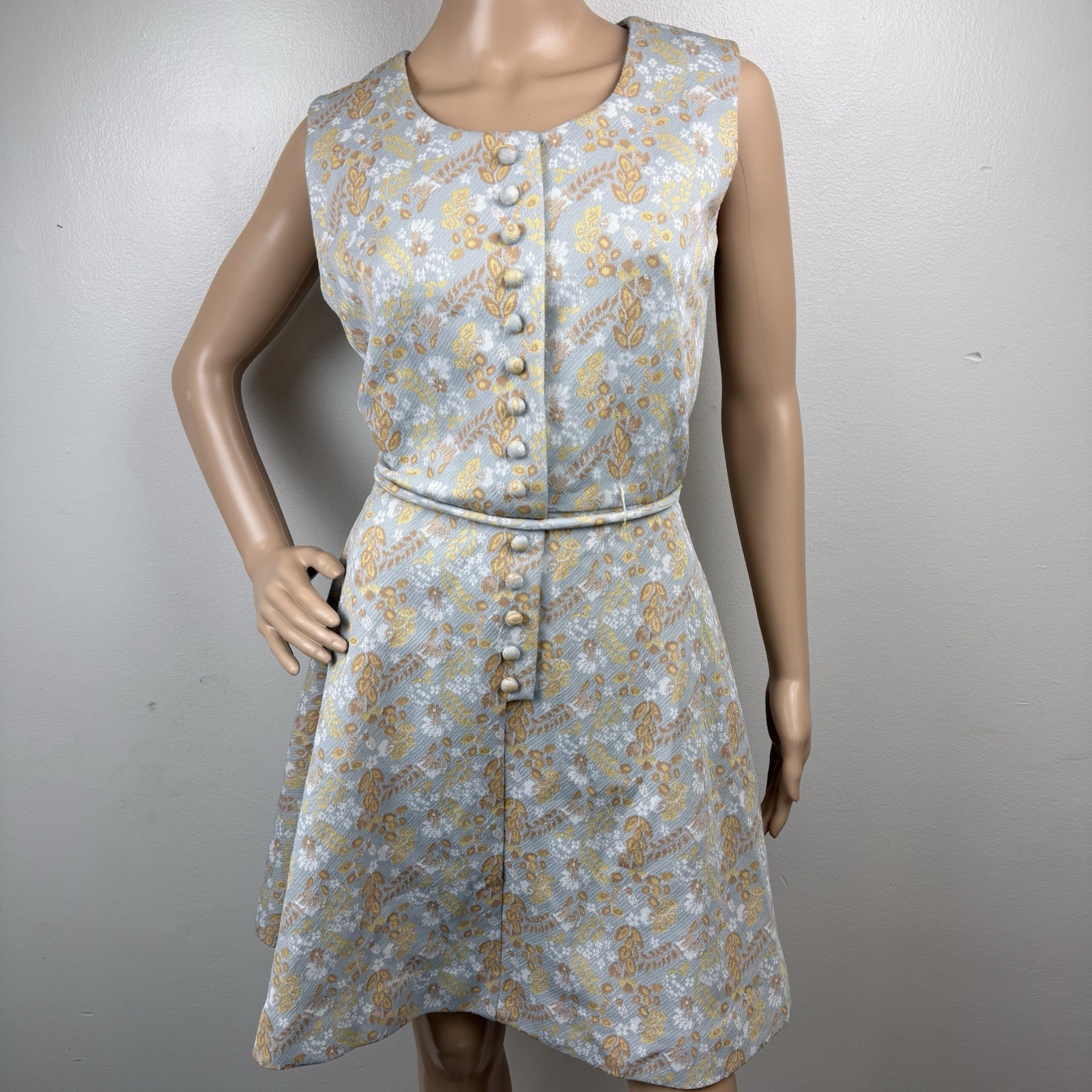 70s Barnsville Cottagecore Fit & Flare Dress Blue Floral Belted Sz 14 (EST S/M)