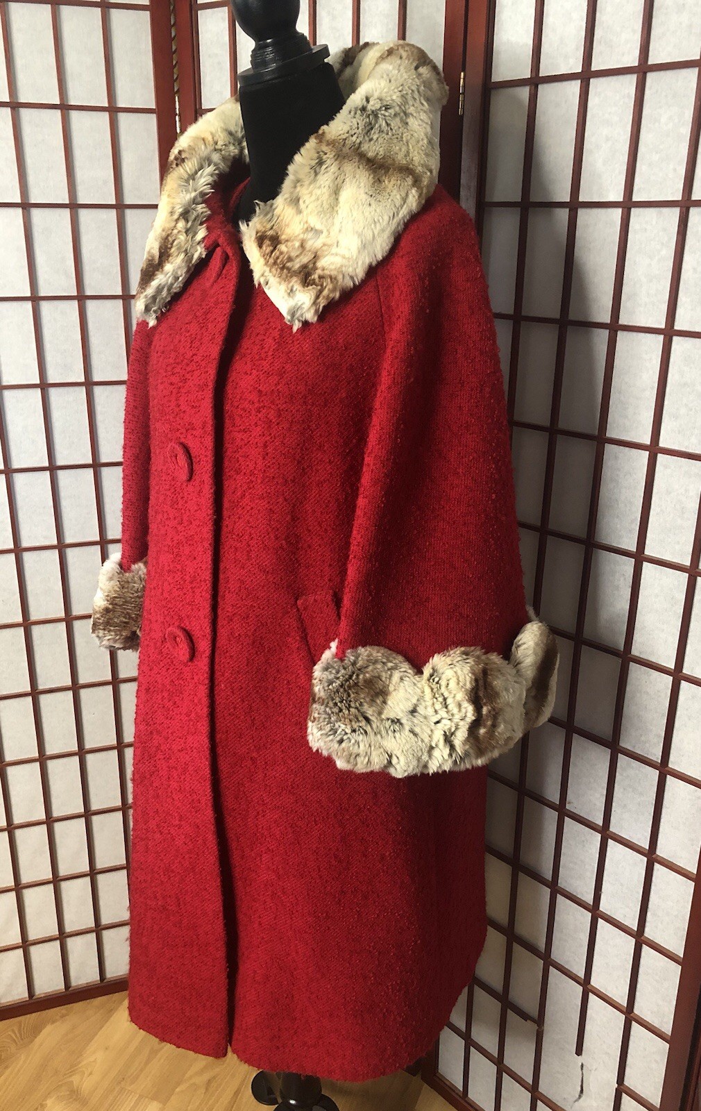 Vintage 1950s Red Nubby Boucle Swing Rockabilly Fur Trim Coat Med/Large