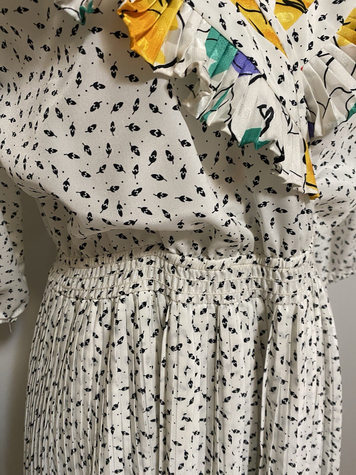Susan Freis I Magnin Dress Vtg 1980s Black White Boho Pleated Small