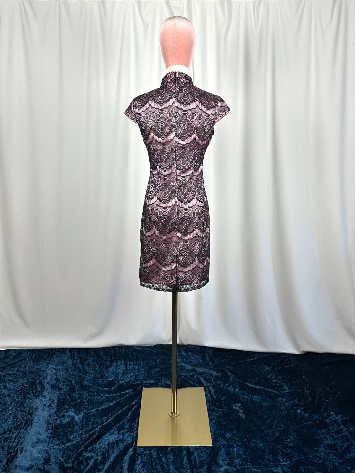 Vintage Lace Mandarin Collar Dress XS Pink Black Cocktail Party Beijing Purchase
