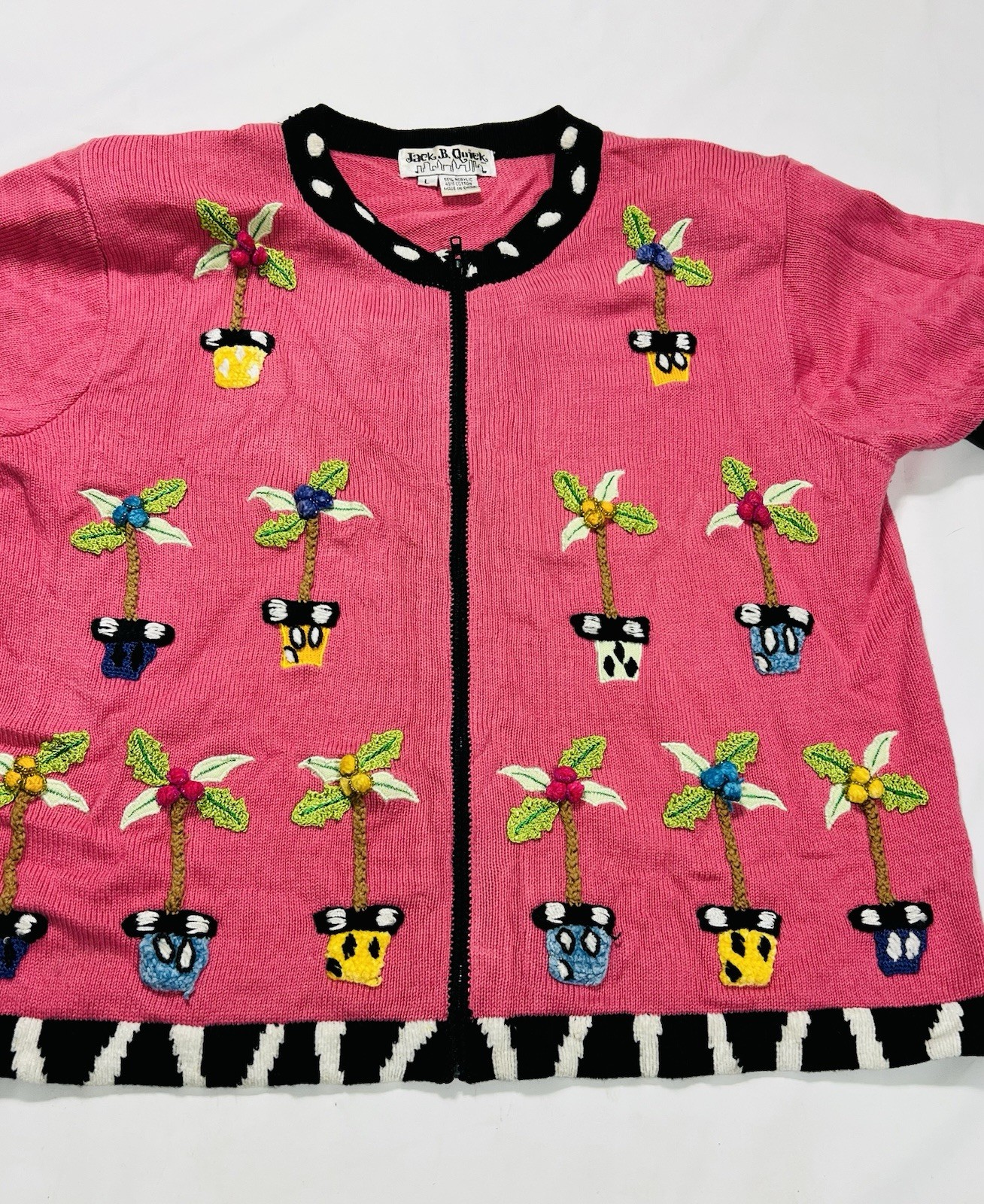 Vintage Embroided Knit Cardigan Sweater Jack B Quick Pink Plants Ugly Sweater