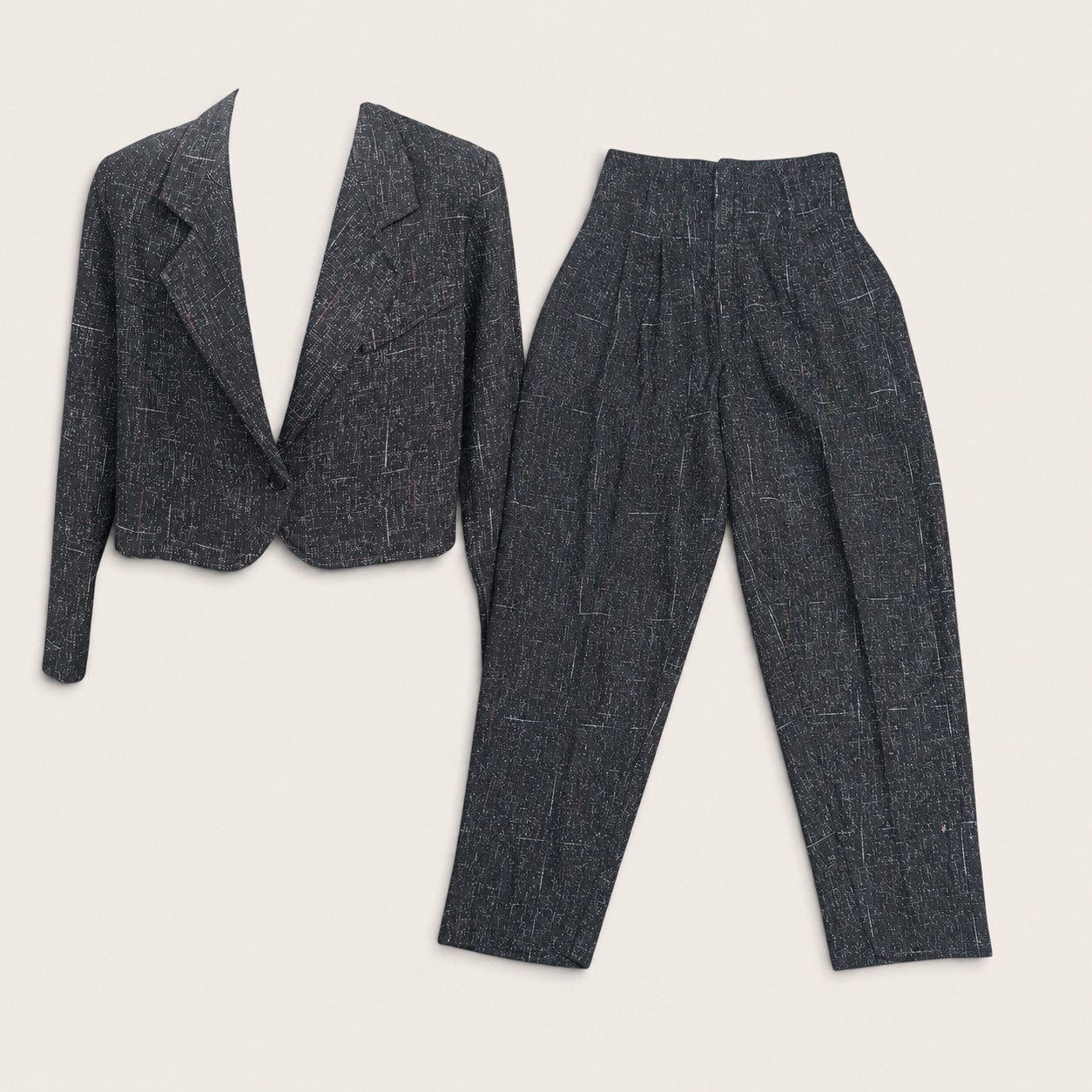 Vintage 80s High-Waist Charcoal Tweed Pant Suit