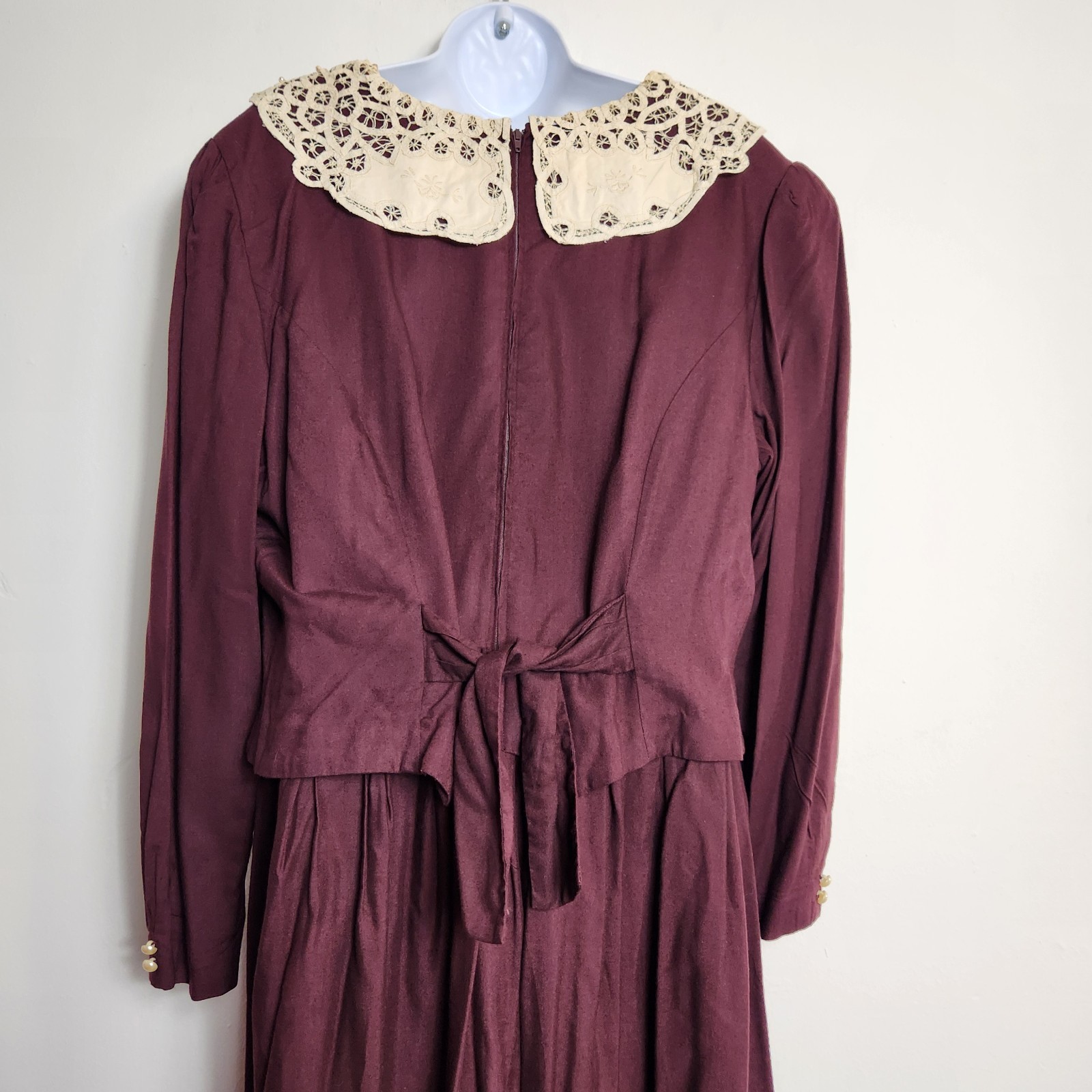 Vintage Plaza South Plus 20W Burgundy Prairie Midi Dress Lace Collar Cottagecore