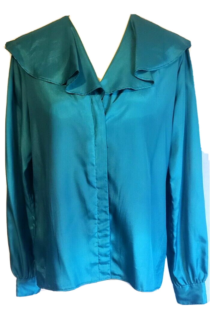 STUART LANG Blouse Women 11/12 Blue Flutter Collar Puff Sleeve Sweet VTG 80s