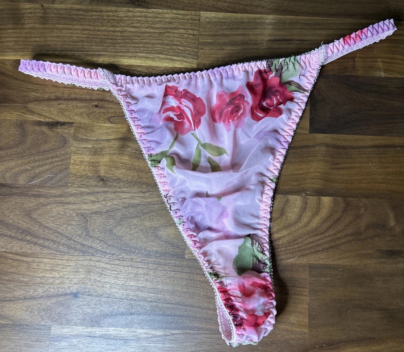 Vintage V String Thong Panties Nylon Chiffon M High Cut Pink Roses Second Skin