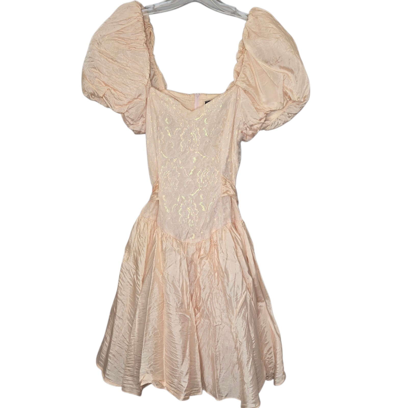 Vtg 80s Mayvens of California Iridescent Peach Pink Lace Puff Sleeve Prom Dress