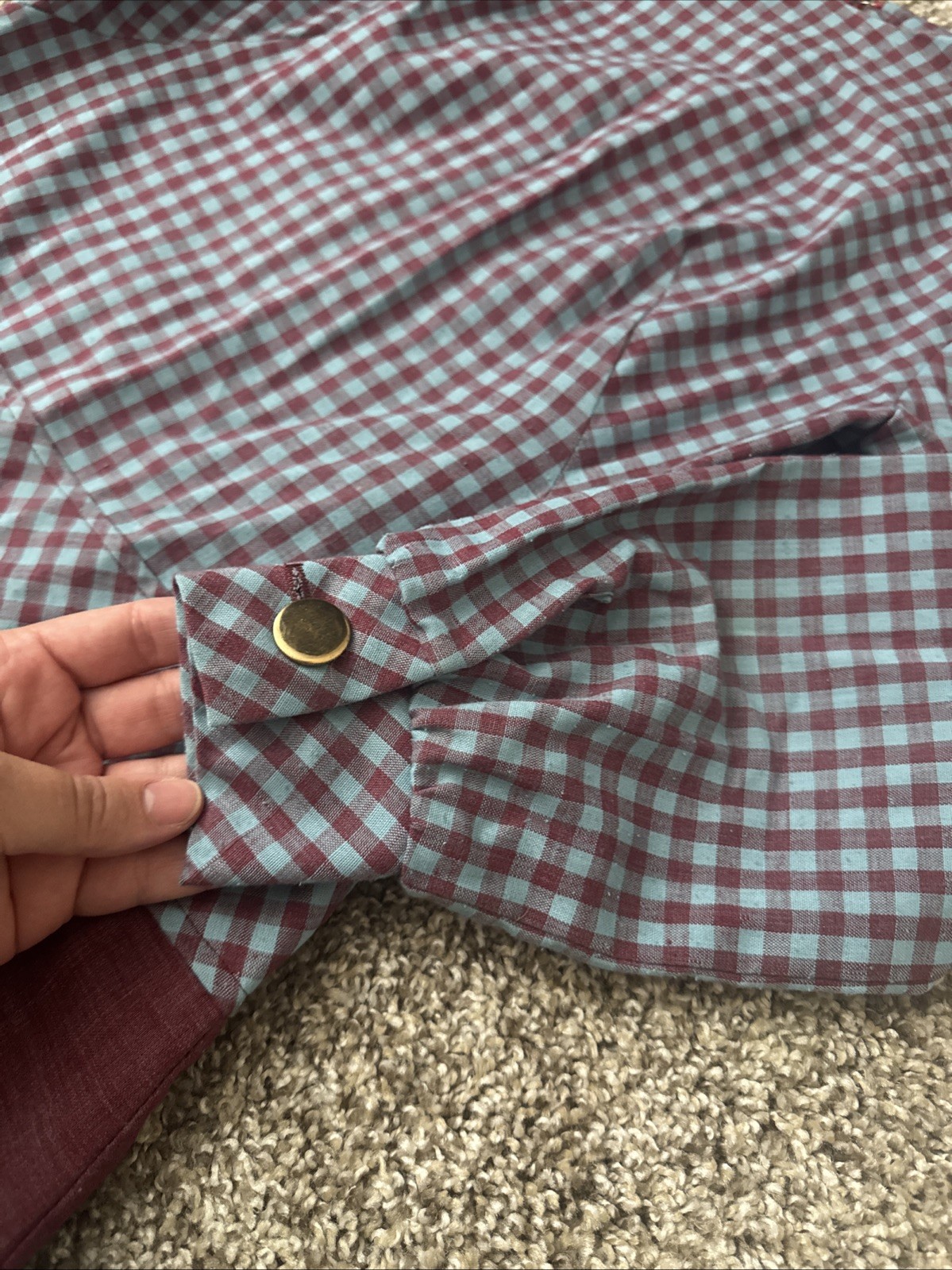 Vintage 1960s Drop Waist Gingham Purple Burgundy Blue Long Sleeve Pleated Dress