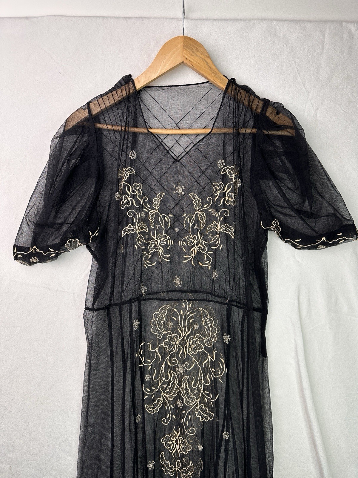 Edwardian Antique Size M 1910s 1920s Black Lace Dress Embroidered Netting Sheer