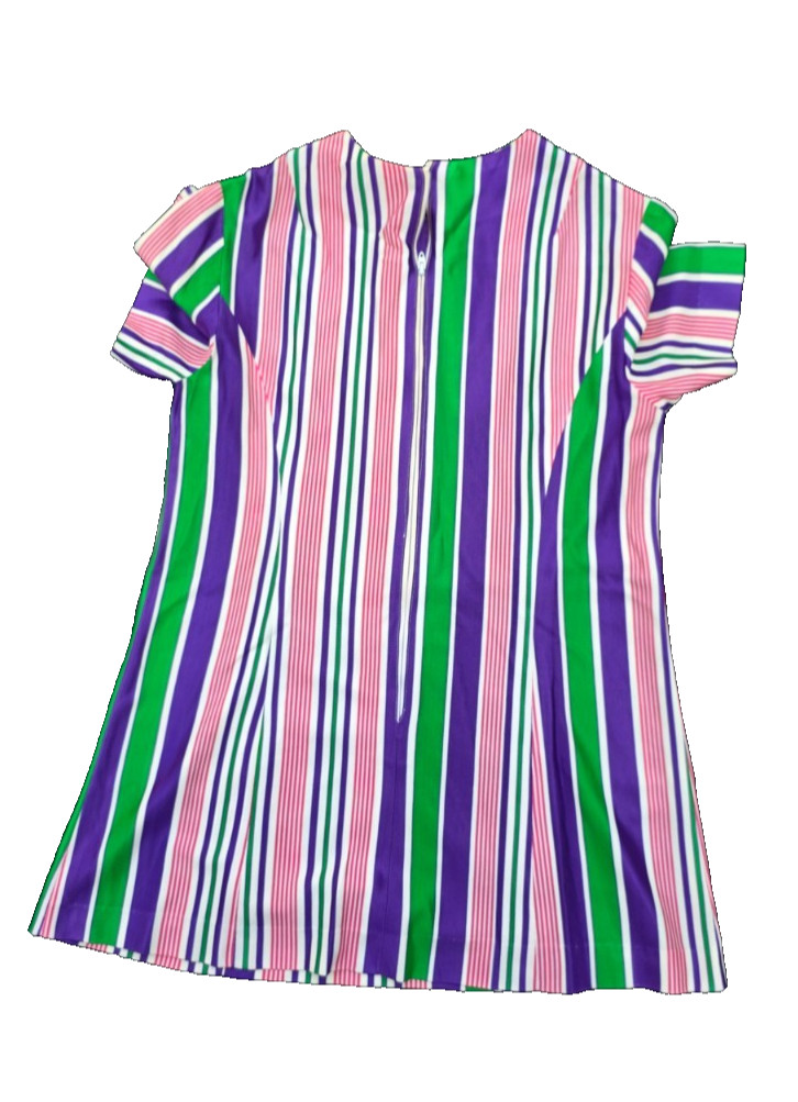 Vintage 1960s pink/green/purple striped print shift mini dress size S