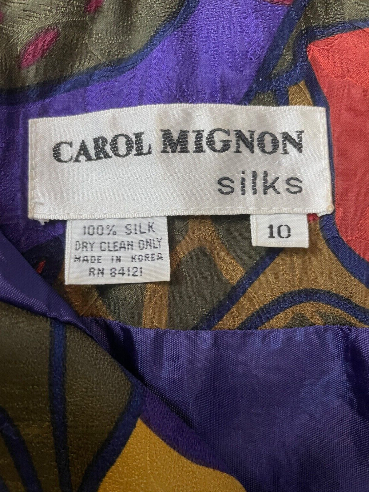 Vintage Carol Mignon Silks Dress 10 Multicolor Abstract Buttons Shift Tie VTG