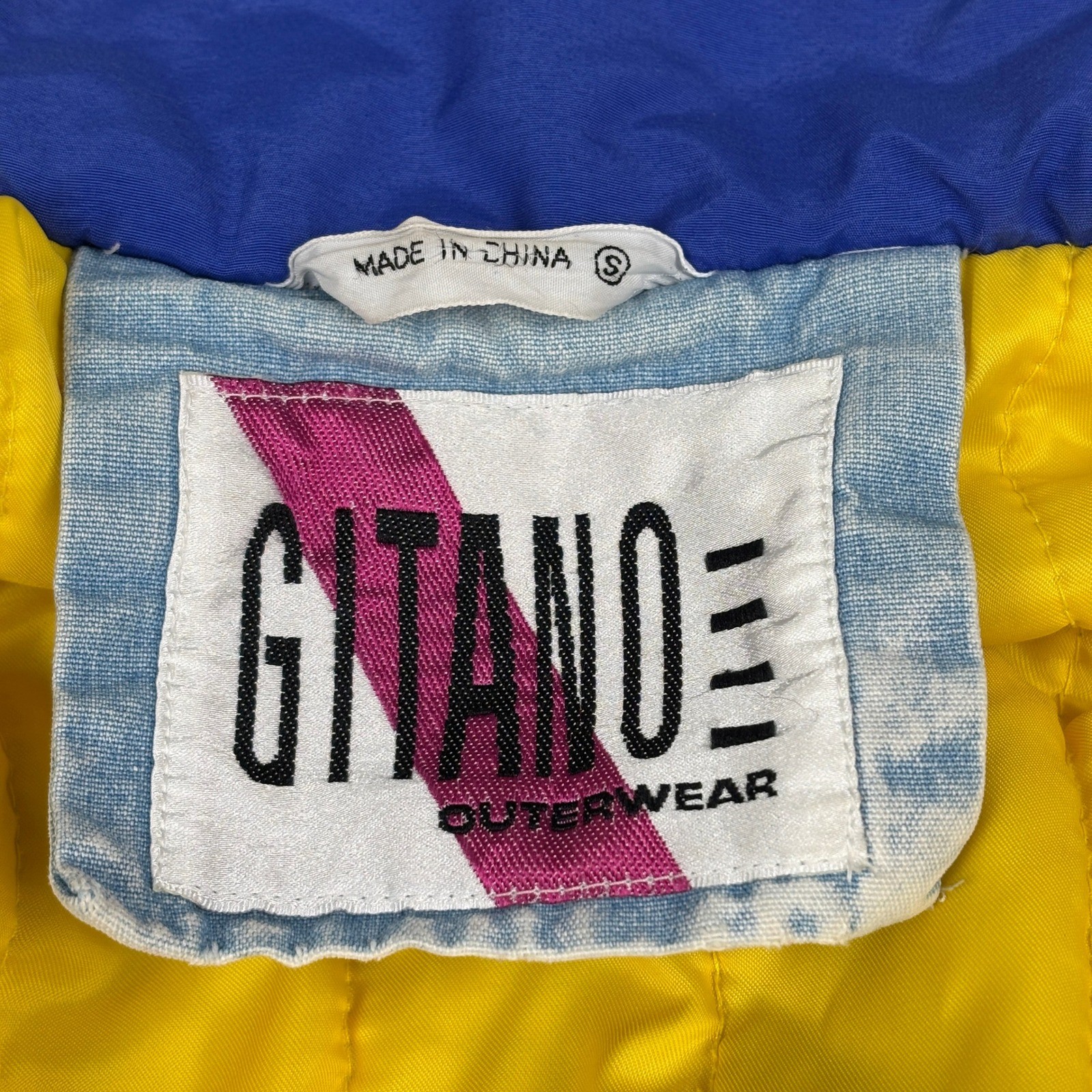 Vintage 90s Gitano Acid Wash Denim Bomber Jacket Blue Yellow Women’s Small