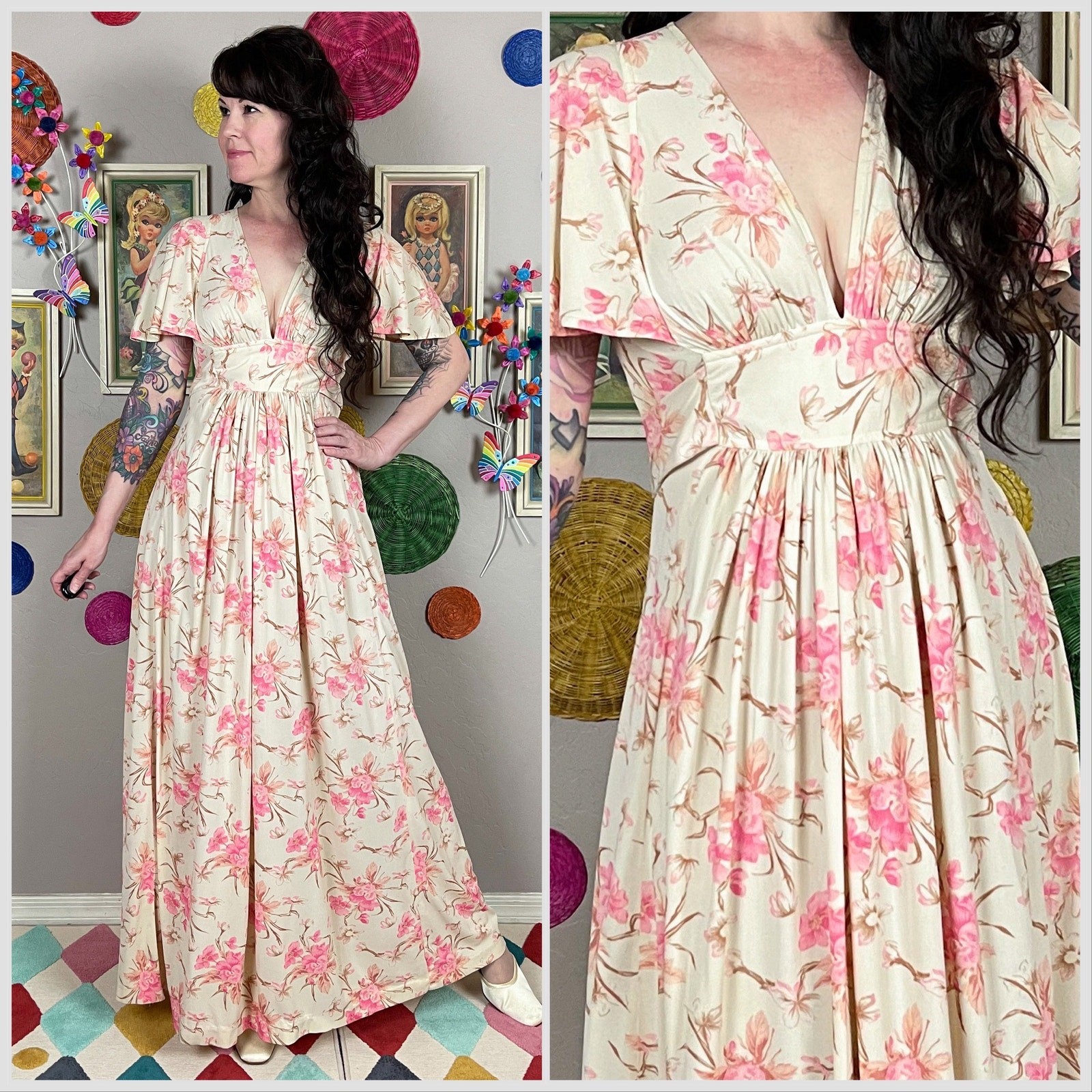 Vintage 1970s Ivory & Pink Floral Print Flutter Sleeve Maxi Dress | 27″ Waist