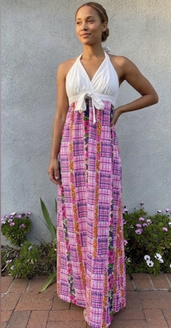 Vintage 70s Holly by Gloria Moret Pink Floral Plaid Retro Maxi Halter Dress Sz S