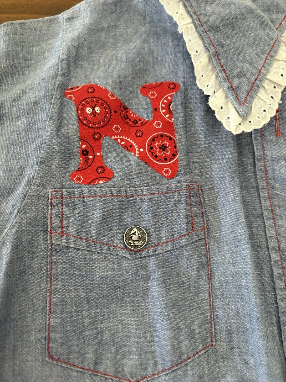 Vintage 1970s Denim Chambray Flower Butterfly “N” Taurus Shirt