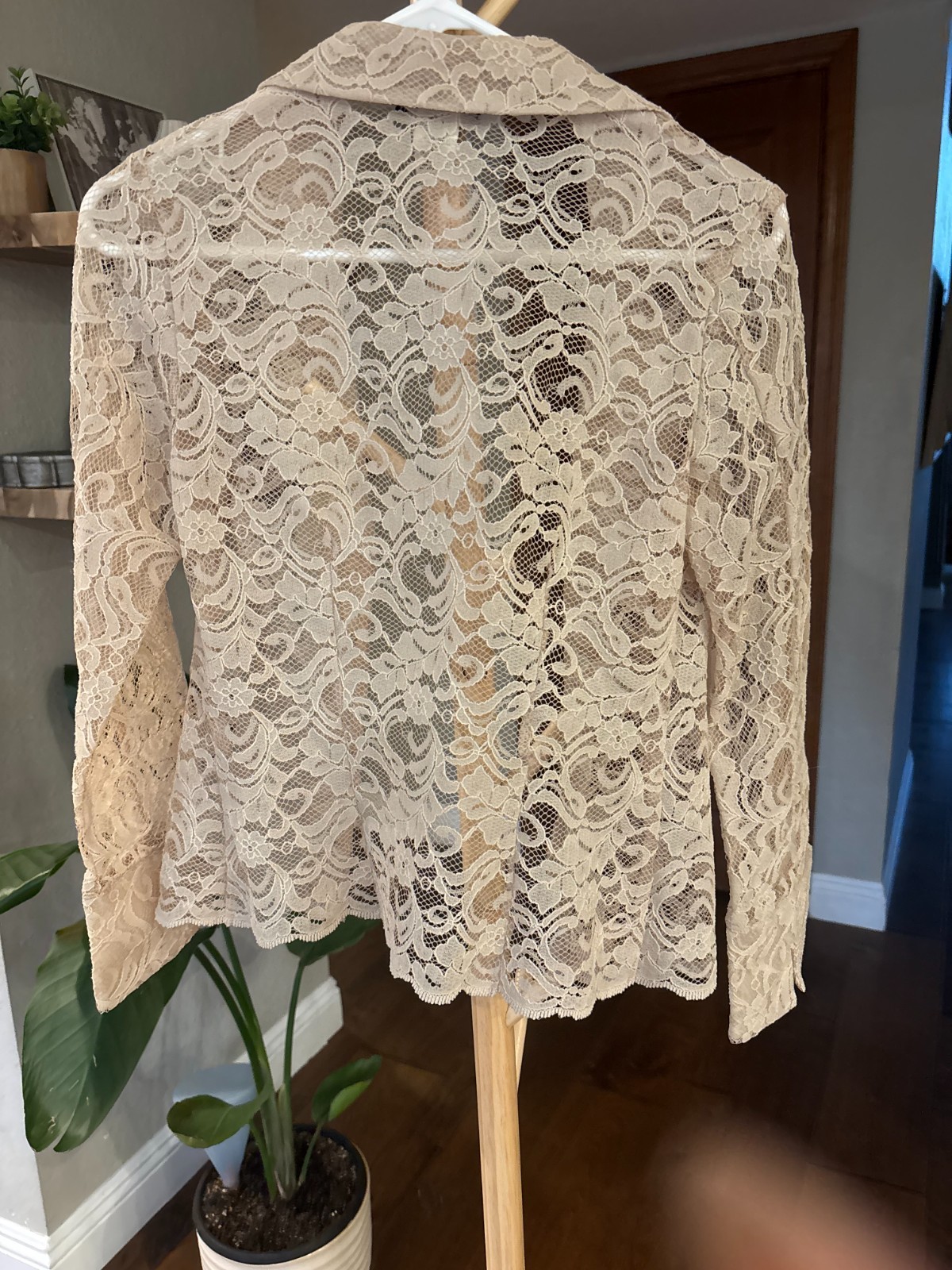 Vintage Y2K bebe Lace Open Front Cardigan Jacket Small Cream Notch Collar USA