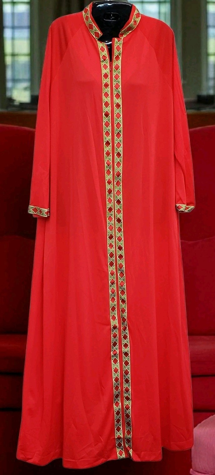 Vintage Lorraine Long Caftan Robe Half Zip Kaftan Maxi M Red Nylon Gold Trim M