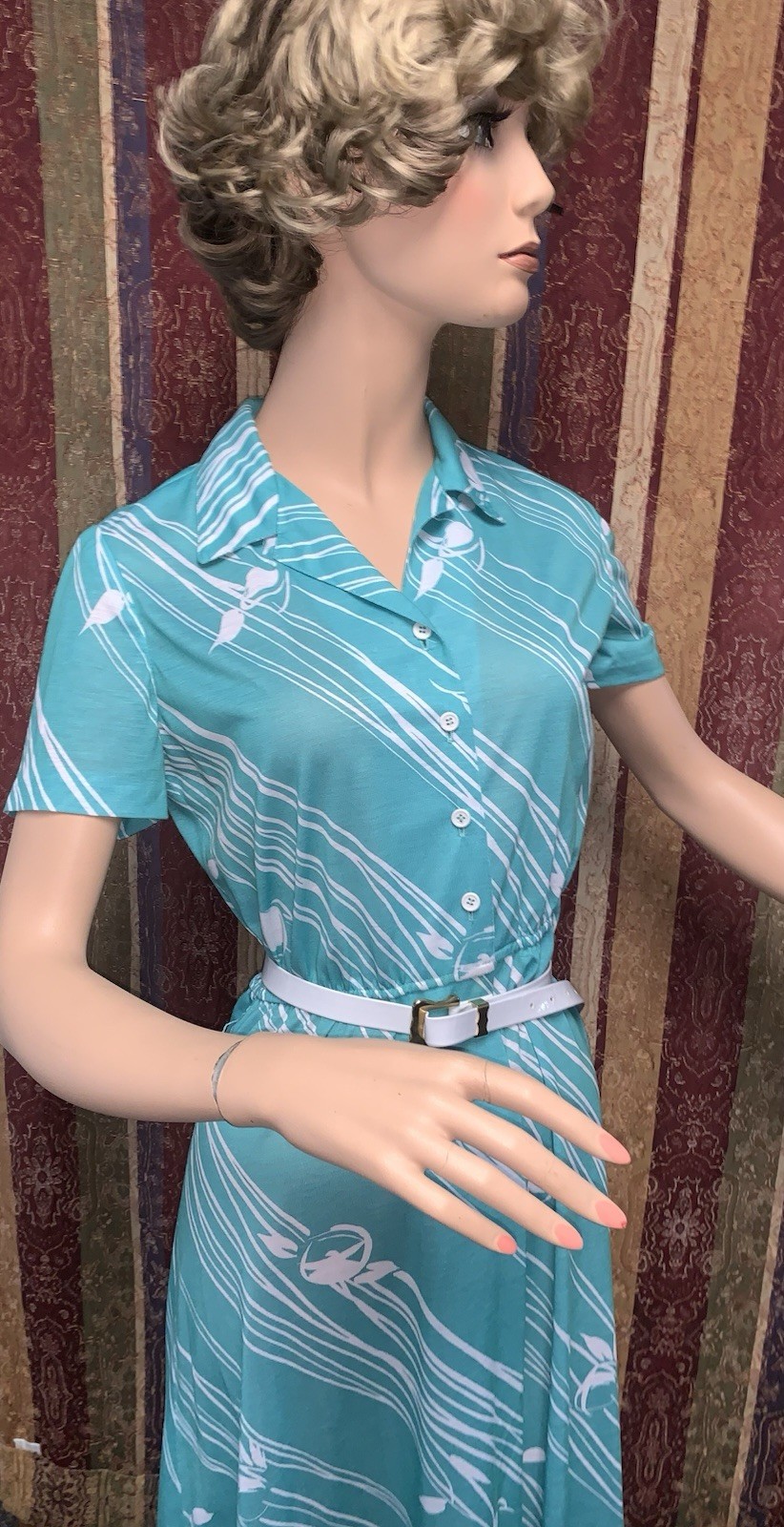 A7 VTG 80s R&K ORIGINALS TROPICAL FLORAL AQUA/WHITE SHIRT DRESS 7/8 ROCKABILLY