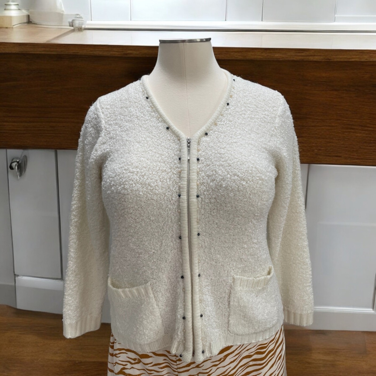 Vtg Rochelle California Womens L Boucle Knit Cardigan Retro Classic Grannycore