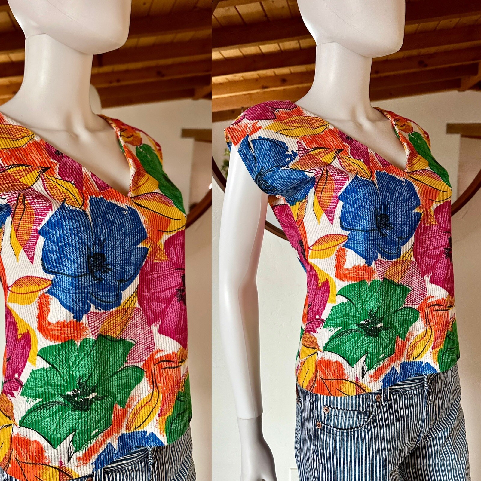 VTG 70’S IRRESISTIBLE II TROPICAL COLORFUL FLORAL PRINT CAP SLEEVE TOP S-M