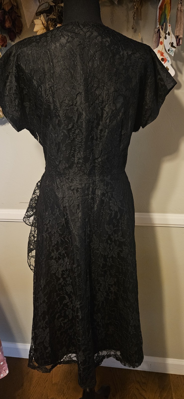 Vintage 1940s Black Lace Party Dress With Heavy Beading On Neckline