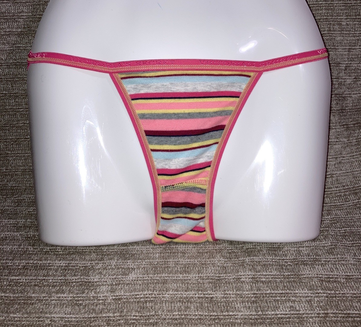 Vintage Victoria’s Secret Pink Gray Yellow Blue Stripe String Bikini Panties S