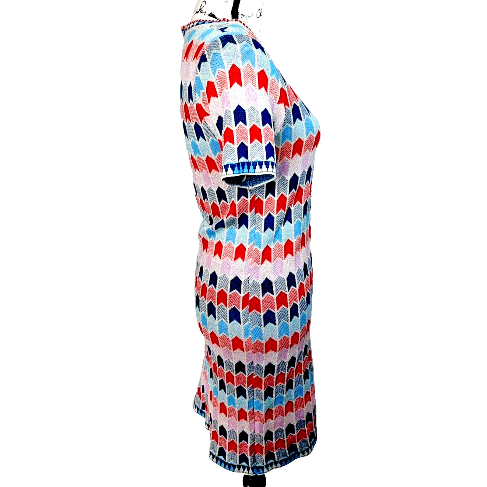 Vintage 60s MOD Geometric Silver Metallic Knit Dress Medium Red Pink Blue Retro