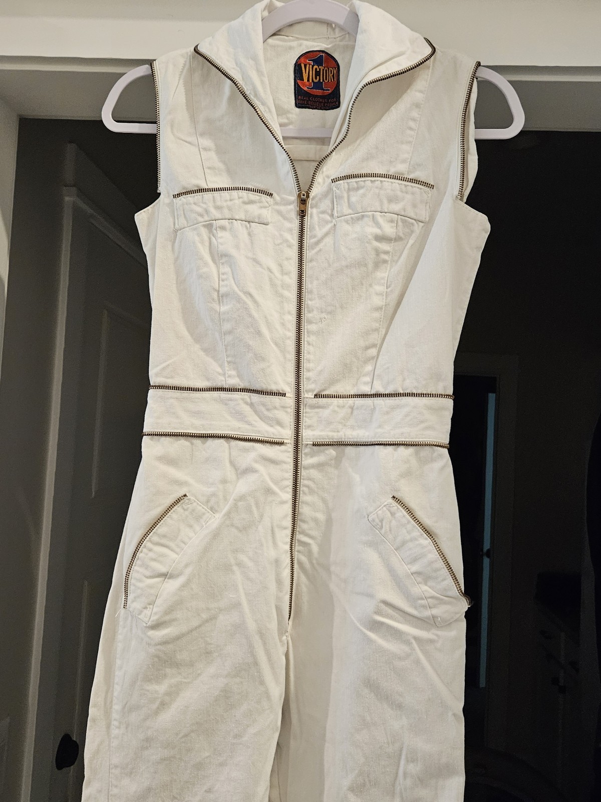 RARE Vintage 1970s Victory 1 Women’s White Denim Jumpsuit Size S/M TALON ZIPPER