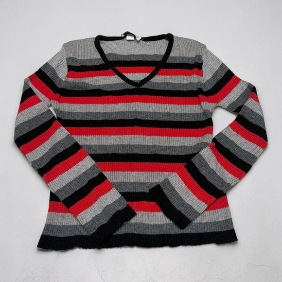 Vintage Lipstick D’Amore Red Grey and Black Striped Ribbed V-Neck Sweater – S