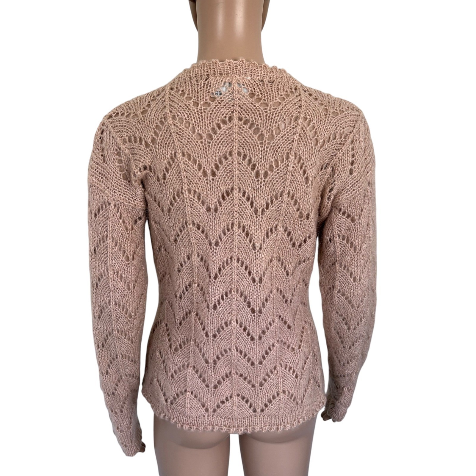 JG Hook Vintage Mohair Blend Pointelle Chevron Knit Cardigan Sweater Tan Pink S