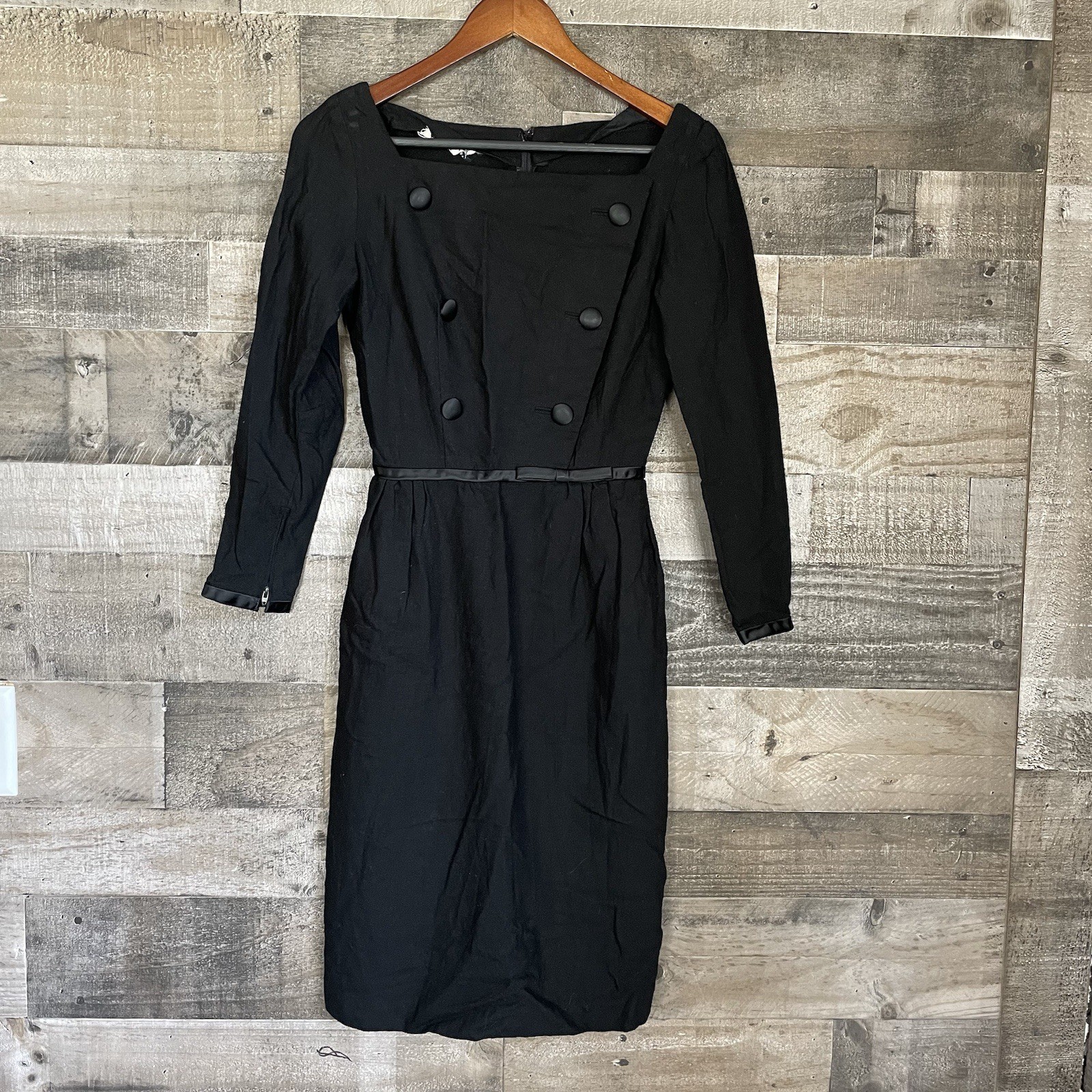 Vtg 1950s Black Cocktail Dress Youth Guild of NY Sz XS S Double Breasted Modest