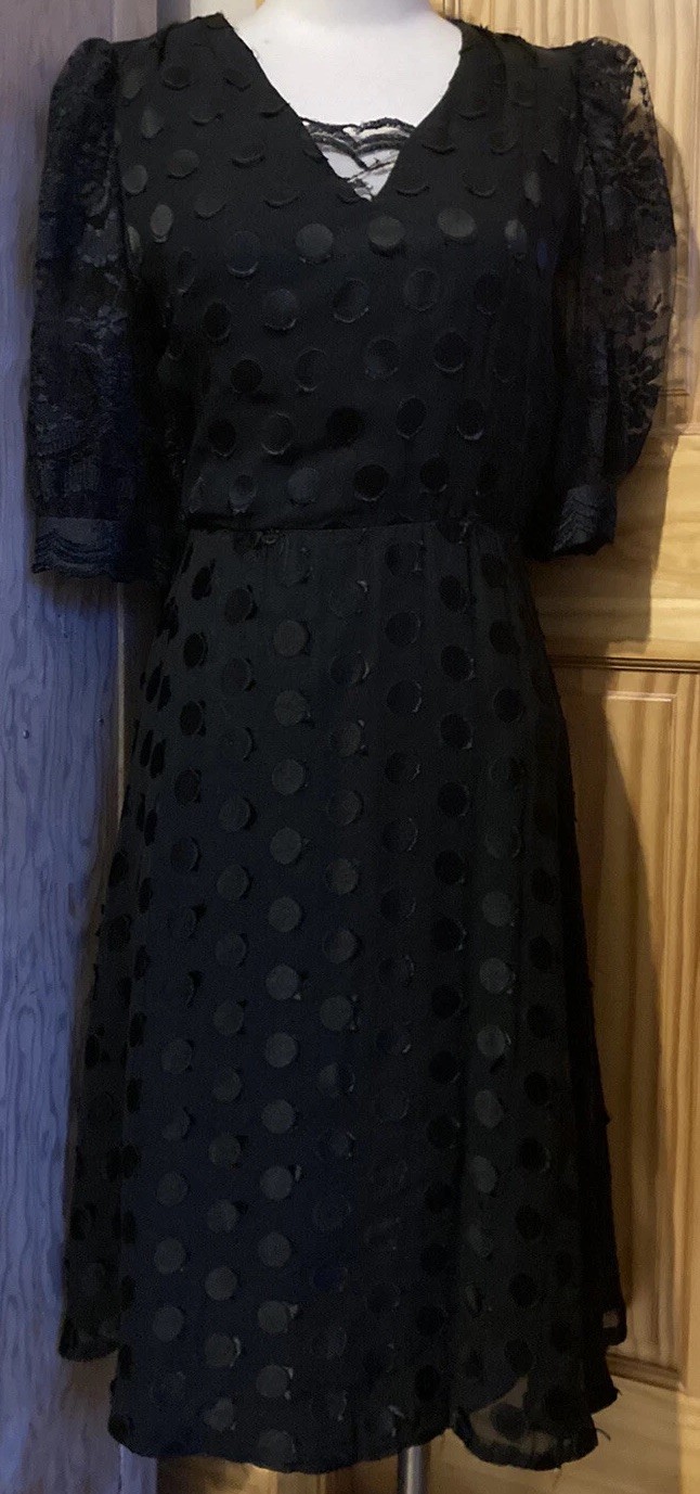 80s Black Dress Sateen Dots Floral Lace Sleeve Whimsigoth Victorian Rockabilly