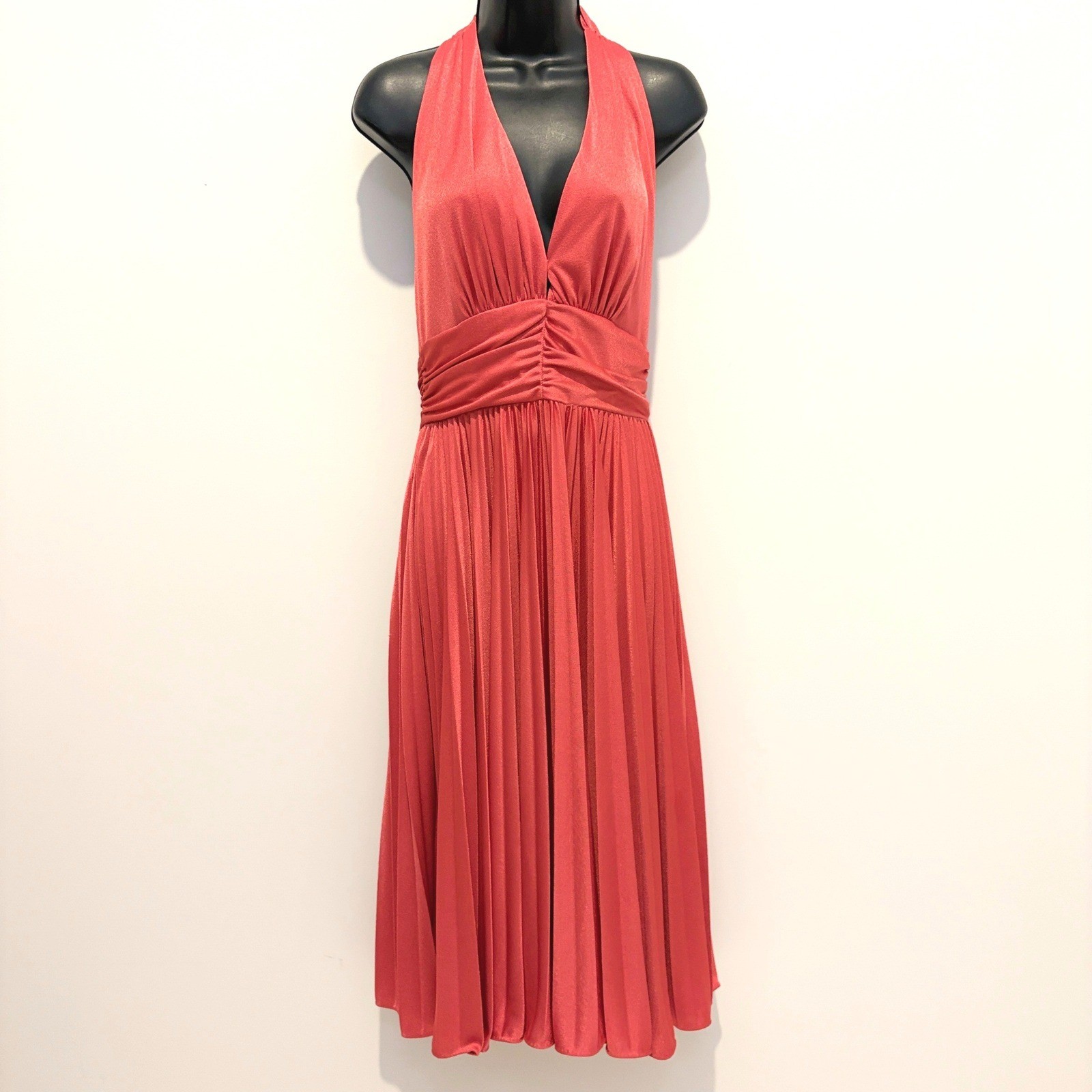 Vintage Halter Dress Pleated Ruched Plunge Red Size M L38 W15