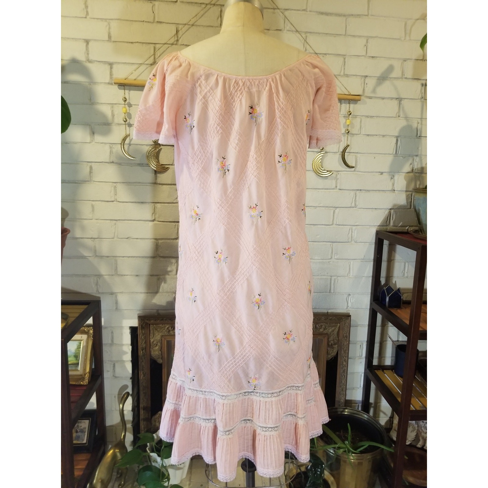 Vintage 70s Pink Drop Waist Dress | Pastel Floral Cross Stitch & Pintucks (S)