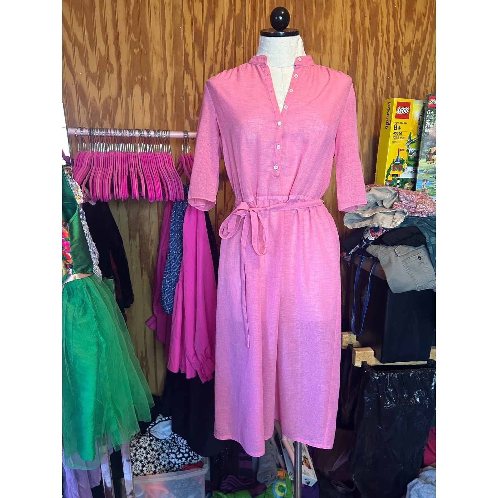 Vintage California Girl Pink Midi Shirt Dress Size 6 Linen Look Button Front Tie