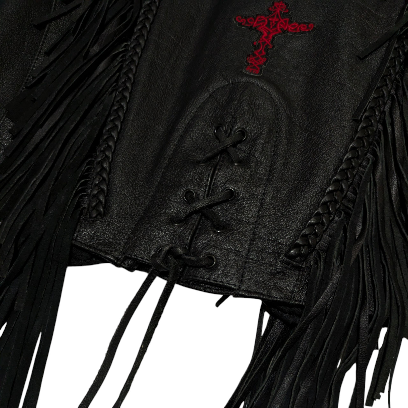 VTG Black Leather Fringe Vest Womens S Red Cross Lace Up Biker Baddie Edgy EUC