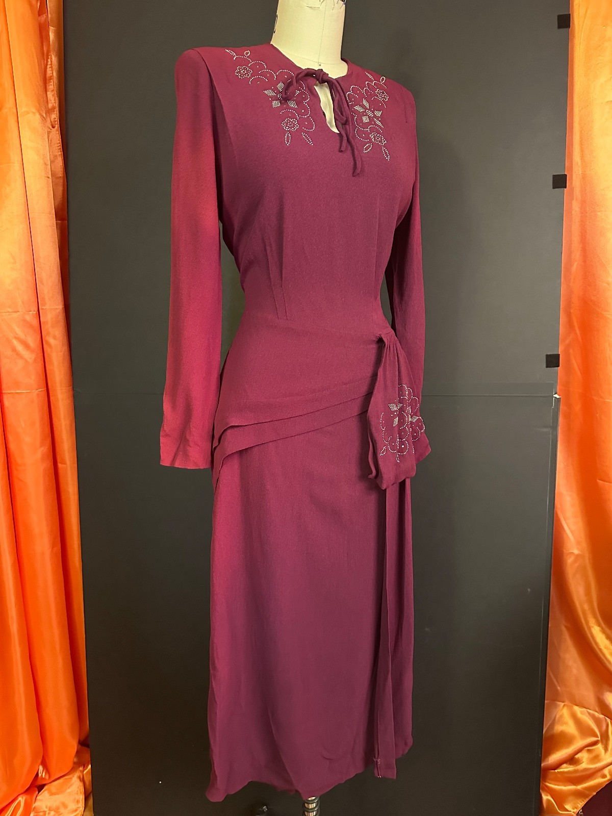 Vintage 1940s 40s rayon crepe 1930s 30s cocktail dress rhinestone studs volup