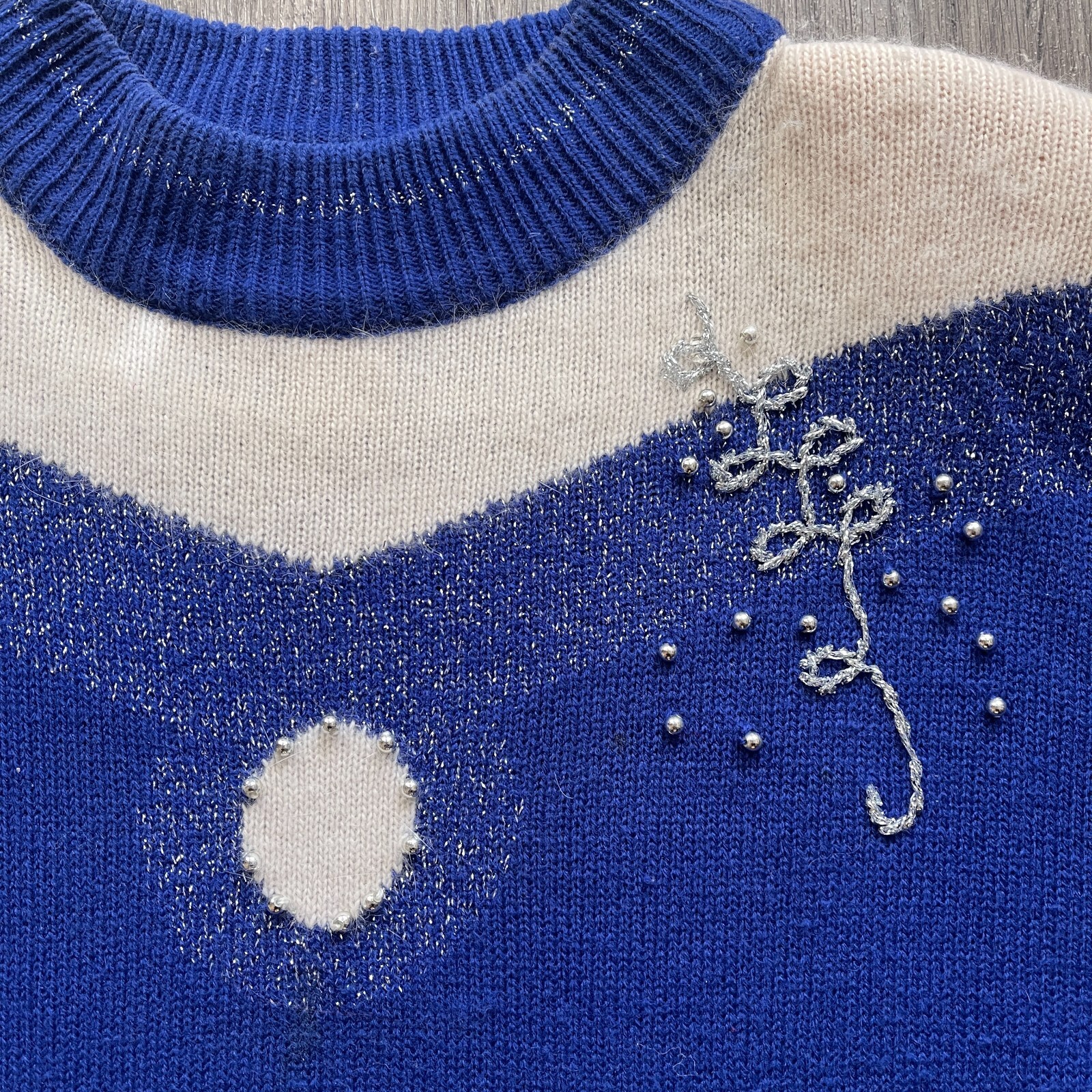 Vintage 90s Koret Royal Blue White Silver Beaded Yoke MockNeck Sweater Size Med