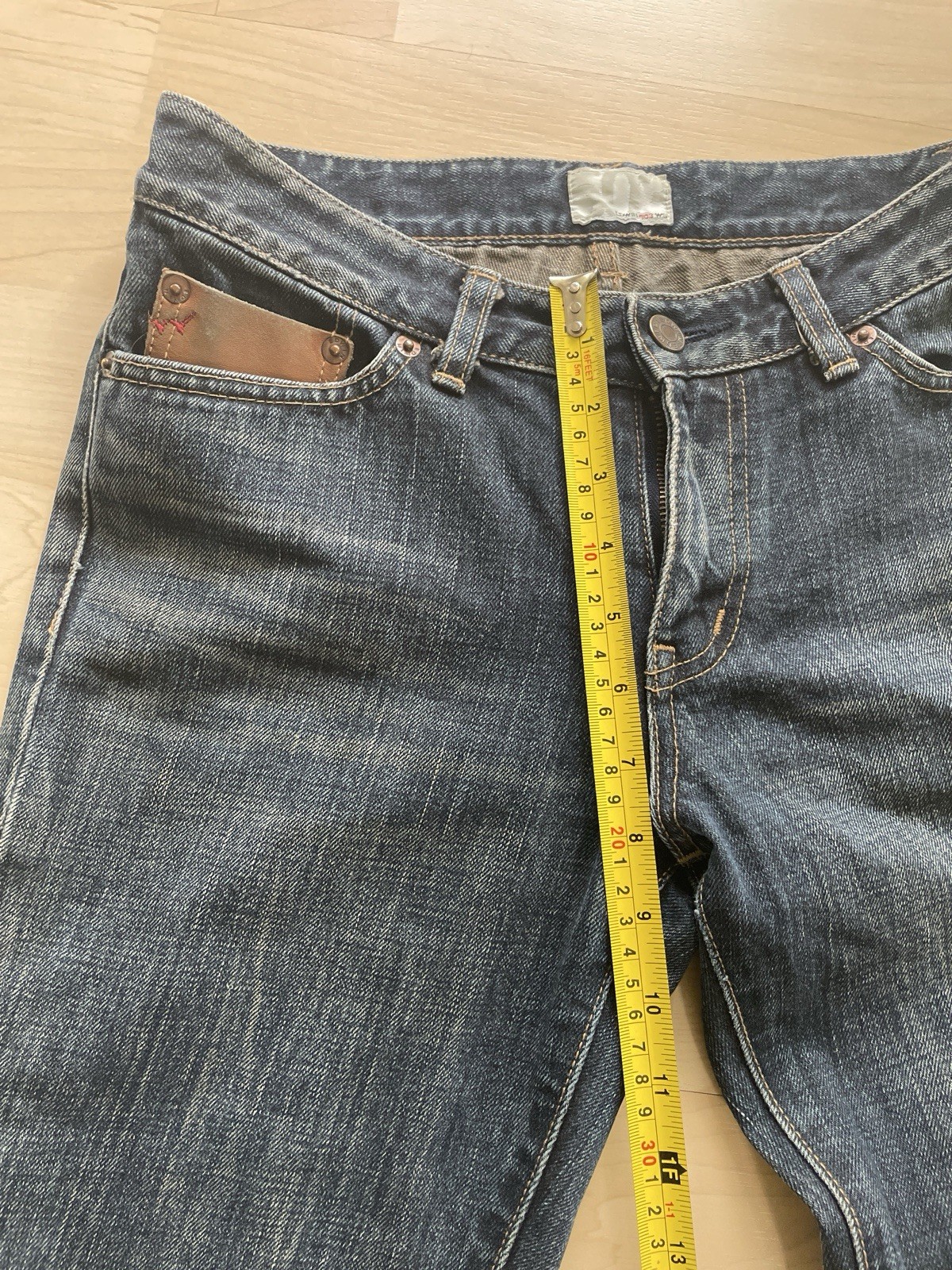 Edwin Vintage Jeans women Blue Bootcut Denim with Leather Trim Distressed