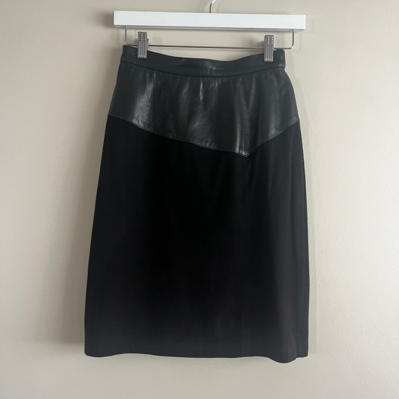 Vintage Saks Fifth Avenue lamb suede leather pencil skirt 6 black mixed media