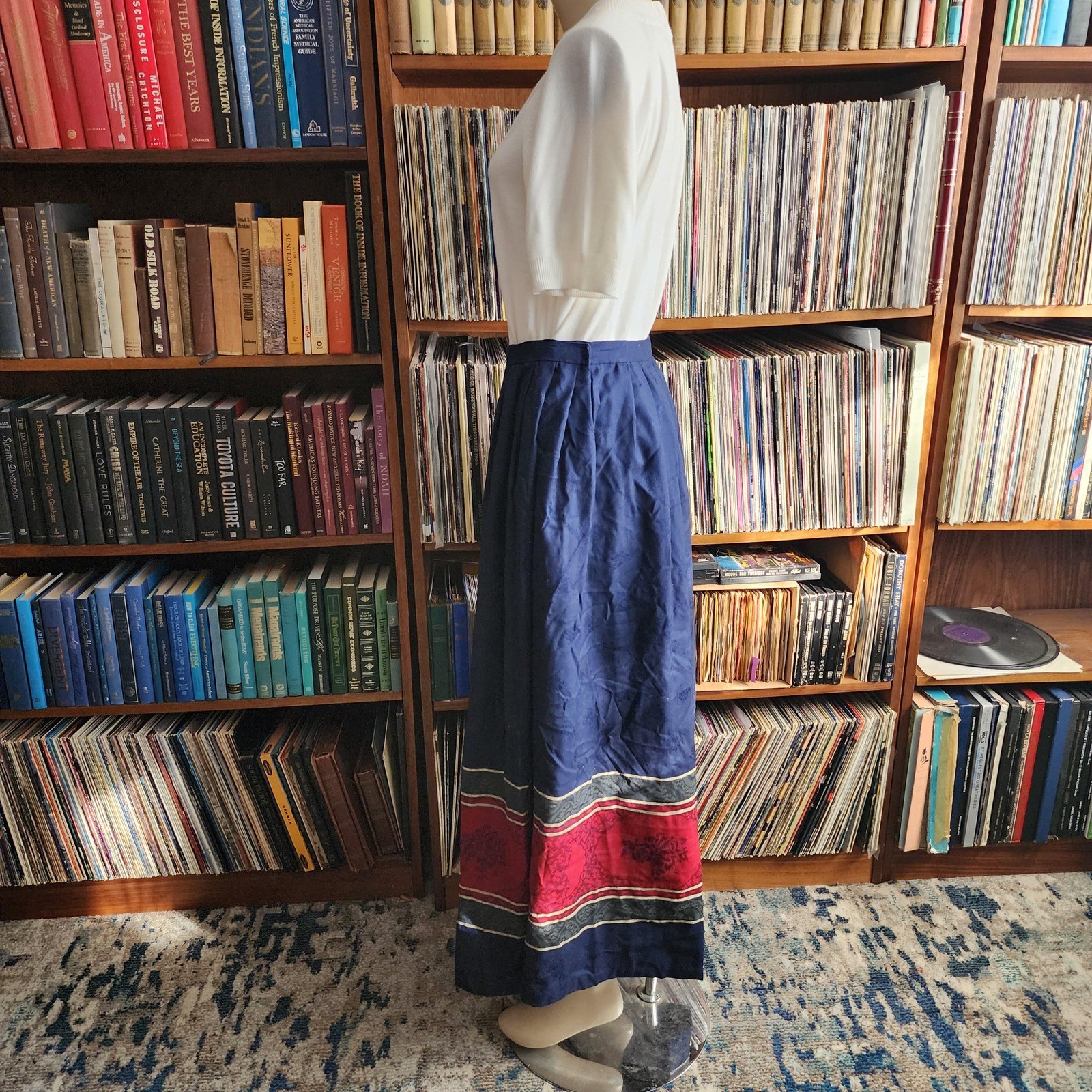 Vintage 1960s Villager Wool Blend Maxi Skirt Navy Blue Red Stripe Made in USA M