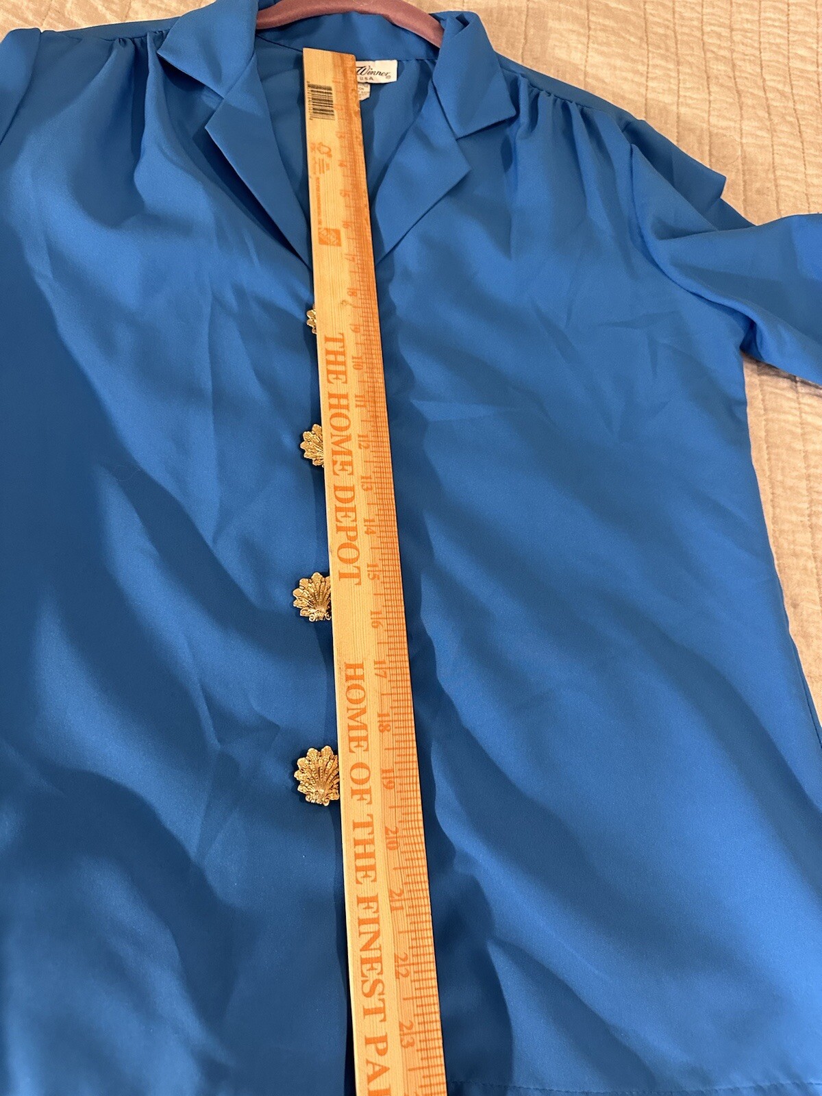 VTG Lucky Winner Women’s Blue Long Sleeve Gold Shell Button Up BLOUSE 12 USA