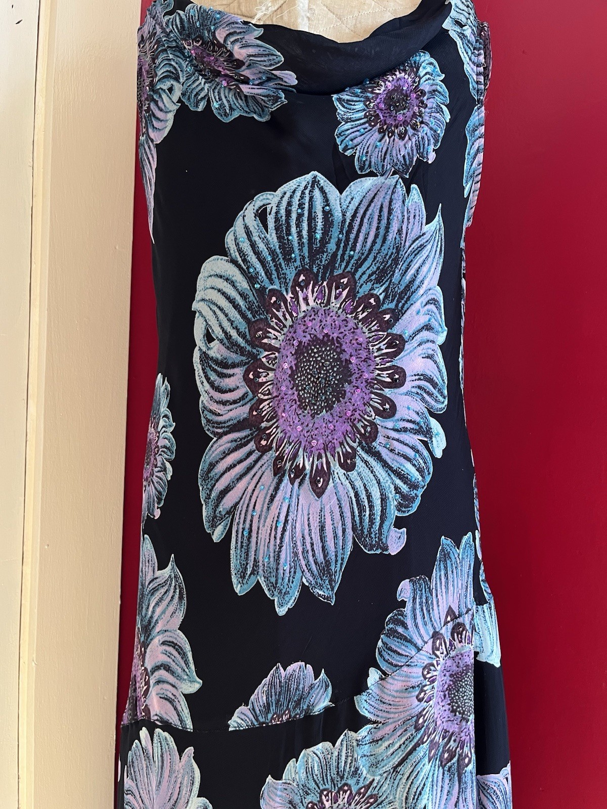 Vintage 1990s Black Chiffon Blue Purple Floral Print Grunge Cowl Neck Dress L