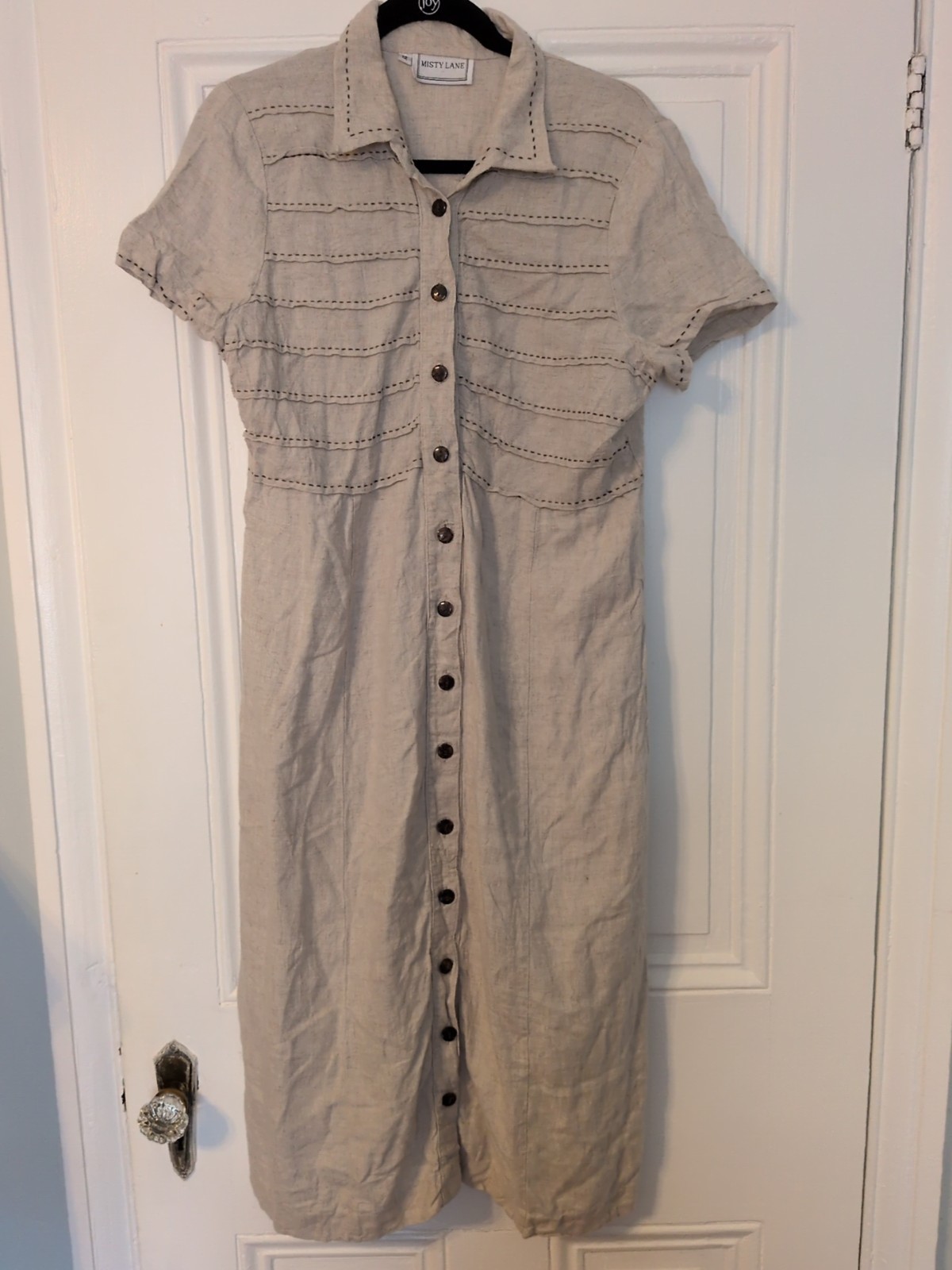 True Vintage Union Tag Short Sleeve Long Linen Beige Dress Women’s Size 12 USA