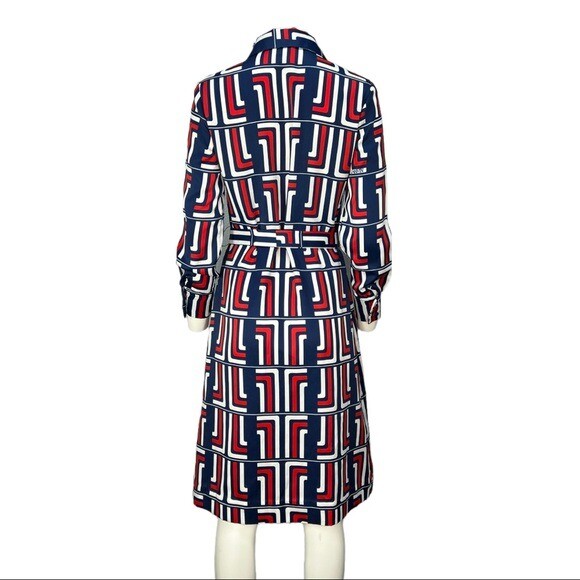 VINTAGE 70’s LANVIN Paris Red White & Blue Long sleeve Shirt Dress Sz 10 w/Belt