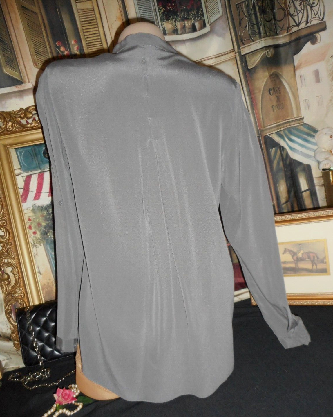 M Silk Blouse Grey Silk Blouse Long Slv Soft Sueded Sand Wash Band Collar NOS