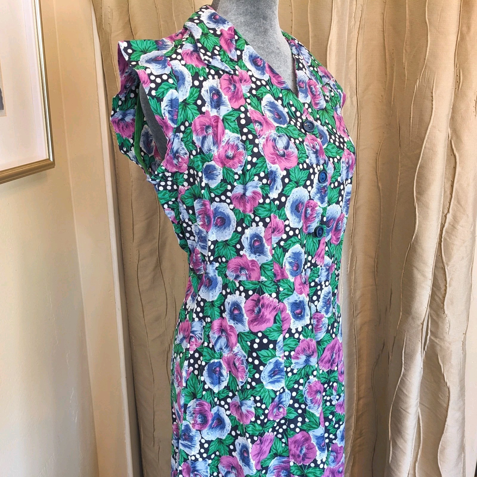 Vintage Handmade Polka Dot Floral Shirt Dress L Button Up Front Cottagecore Midi